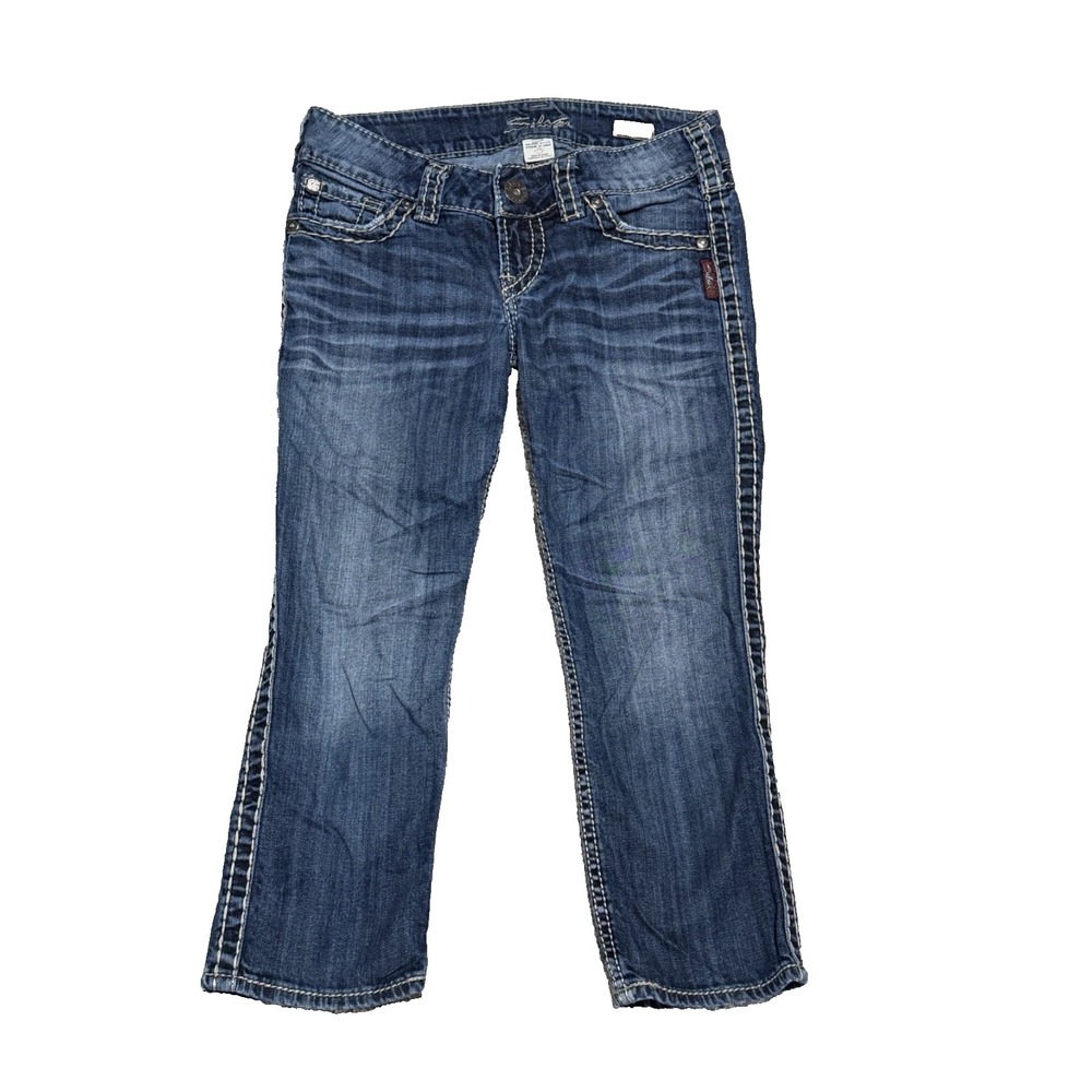 Silver Jeans Mckenzie‎ Capri Womens Denim Capri Double Stitch Dark Wash Size 26